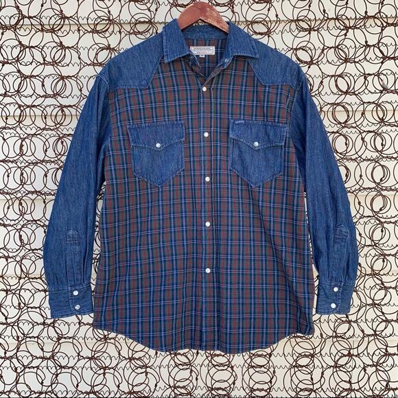 Guess by Marciano Tops - VTG 90s Guess Jeans plaid flannel and denim button up long sleeve shirt SMALL